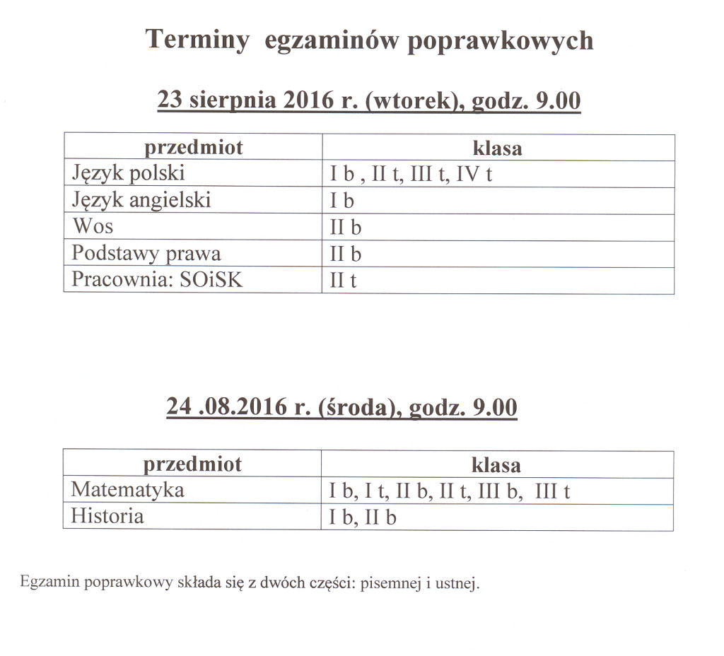 egzaminy poprawkowe klasyfikacyjne